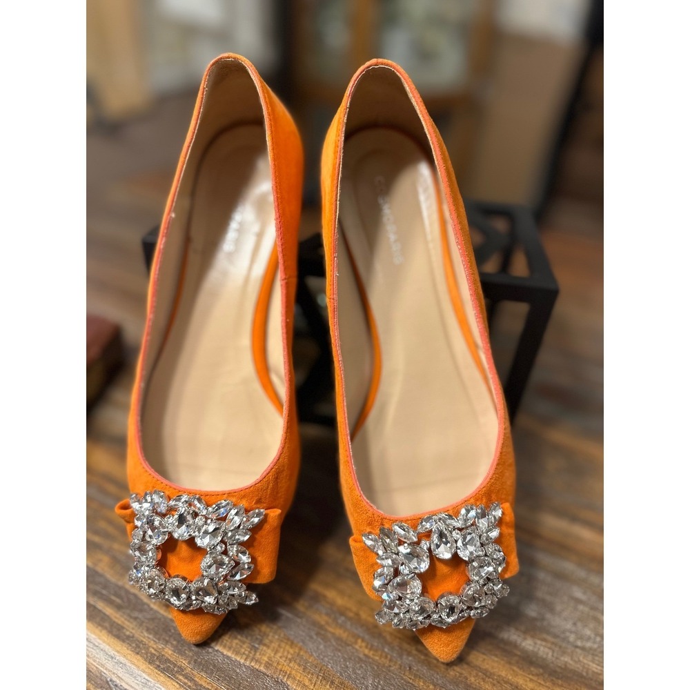 COSMOPARIS Orange Suede Rhinestone Bow Pointed Toe Flats Shoes Size 38 or 7